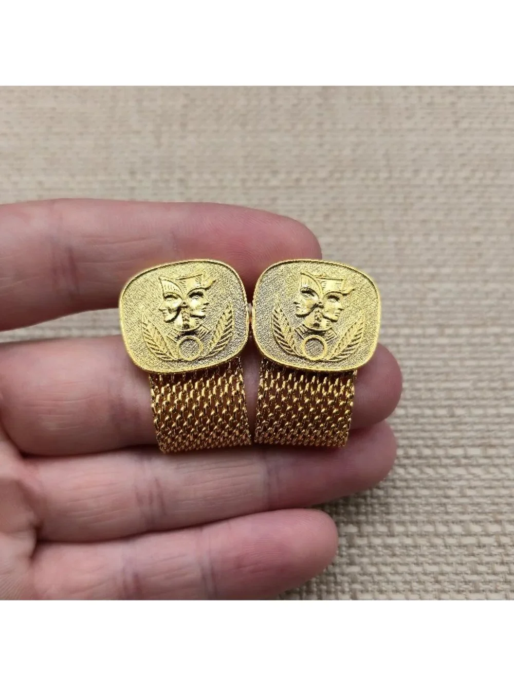 Vintage Mesh Wrap Cufflinks, Janus Two Faced Comedy Tragedy Theater Gift A8137